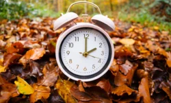 Reloj rodeado de hojas de otoño que ilustra el cambio de hora en Indiana en noviembre de 2026.