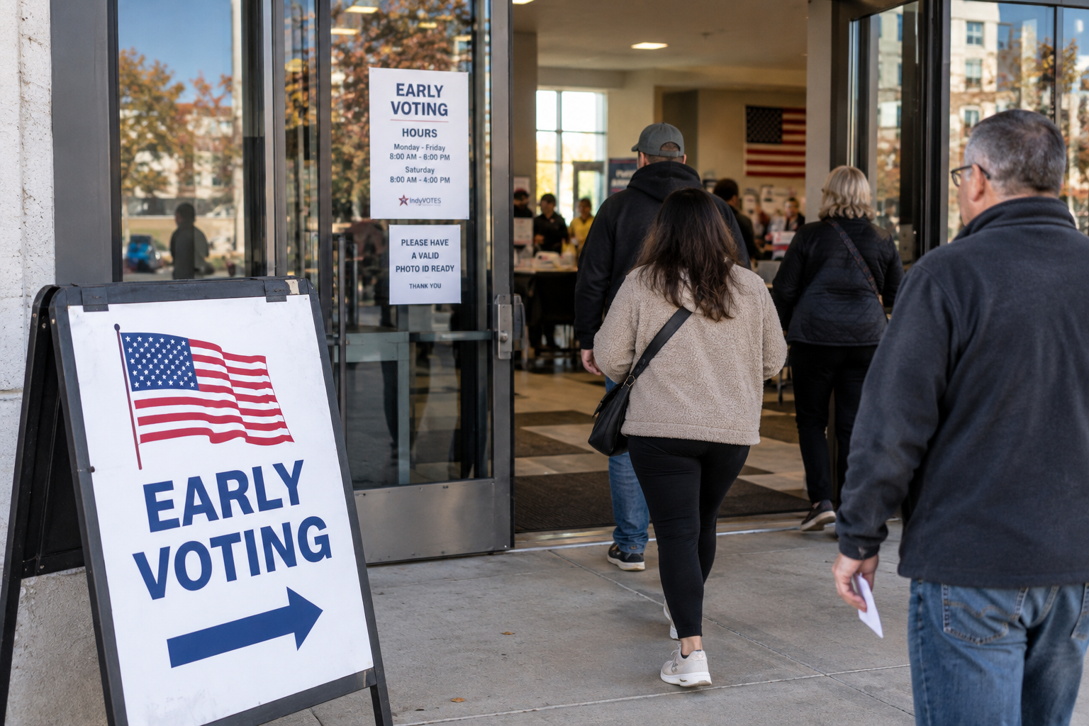 Personas ingresan a un centro de votación anticipada en Estados Unidos, junto a un letrero de Early Voting.