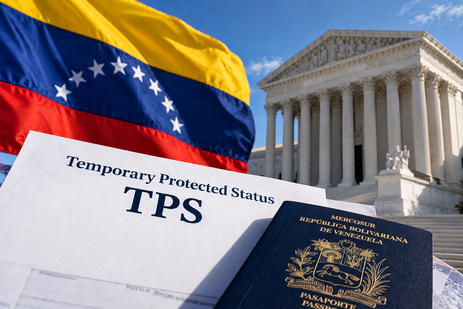 Ilustración con la bandera de Venezuela, un pasaporte venezolano y un documento sobre el TPS venezolanos