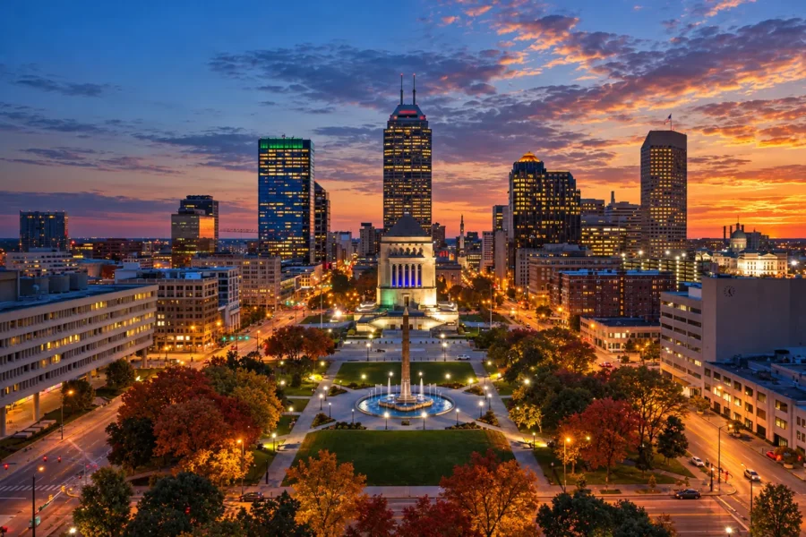 Atardecer en el centro de Indianápolis con el horario de invierno en Indiana
